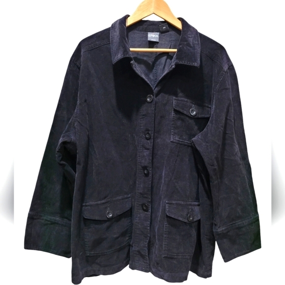 2X ERIKA 100% Cotton Black Blazer Corduroy Button Down 3 Pockets - Picture 1 of 6